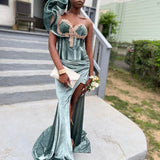 One Shoulder Sheath Green Long Prom Dresses Velvet Sleeveless Formal Dresses Green Evening Dresses HZ1024