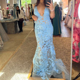 V-neck Mermaid Blue Long Prom Dresses Applique Tulle Open Back Formal Dresses Blue Evening Dresses HZ1024