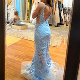 V-neck Mermaid Blue Long Prom Dresses Applique Tulle Open Back Formal Dresses Blue Evening Dresses HZ1024