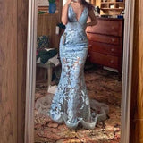 V-neck Mermaid Blue Long Prom Dresses Applique Tulle Open Back Formal Dresses Blue Evening Dresses HZ1024