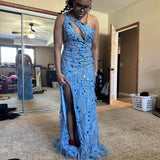One Shoulder Sheath Blue Long Prom Dresses Sequined Blue Evening Dresses with Slits HZ1024