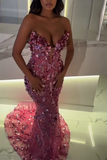 Sweetheart Mermaid Pink Long Prom Dresses Tulle Sequin Pink Evening Dresses HZ1024