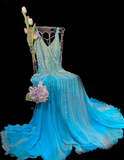 V-neck Sheath Blue Long Prom Dresses Chiffon Beaded Blue Long Formal Dresses HZ1024