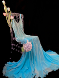 V-neck Sheath Blue Long Prom Dresses Chiffon Beaded Blue Long Formal Dresses HZ1024