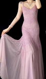 Spaghetti Strap Sheath Pink Long Prom Dresses Chiffon Beaded Pink Long Formal Dresses HZ1024