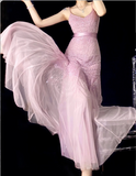 Spaghetti Strap Sheath Pink Long Prom Dresses Chiffon Beaded Pink Long Formal Dresses HZ1024