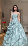 Spaghetti Strap A-Line Green Long Prom Dresses Jacquard Satin Green Long Formal Dresses HZ1024