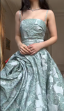 Spaghetti Strap A-Line Green Long Prom Dresses Jacquard Satin Green Long Formal Dresses HZ1024