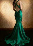 V-neck Mermaid Green Long Prom Dresses Satin Green Long Formal Dresses Sleeveless Wedding Guest Dresses HZ1024
