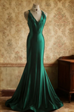 V-neck Mermaid Green Long Prom Dresses Satin Green Long Formal Dresses Sleeveless Wedding Guest Dresses HZ1024