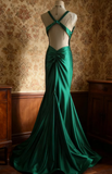 V-neck Mermaid Green Long Prom Dresses Satin Green Long Formal Dresses Sleeveless Wedding Guest Dresses HZ1024