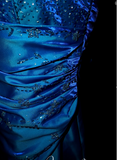 Strapless A-Line Long Prom Dresses Satin Blue Formal Dresses Blue Halloween Dresses HZ1024