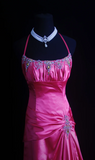 Halter Neck Sheath Long Prom Dresses Satin Hot Pink Formal Dresses Hot Pink Halloween Dresses HZ1024