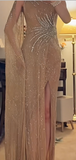 One Shoulder Sheath Long Prom Dresses Rhinestone Tulle Champagne Formal Dresses Champagne Halloween Dresses HZ1024