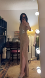 One Shoulder Sheath Long Prom Dresses Rhinestone Tulle Champagne Formal Dresses Champagne Halloween Dresses HZ1024