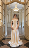 Off-the-shoulder Sheath Long Formal Dresses Satin White Evening Gowns White Wedding Guest Dresses HZ1024