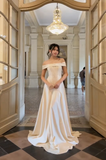 Off-the-shoulder Sheath Long Formal Dresses Satin White Evening Gowns White Wedding Guest Dresses HZ1024