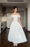 Off-the-shoulder Sheath Ankle-length Formal Dresses Pleated White Birthday Chiffon White Wedding Guest Dresses HZ1024