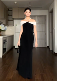 Off-the-shoulder Sheath Long Formal Dresses Satin Black Evening Dresses HZ1024