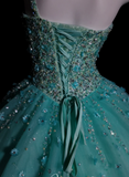 One-Shoulder Ball Gown Turquoise Long Prom Dresses Beaded Tulle Turquoise Quinceanera Dresses Sweet 16 Dress HZ1024