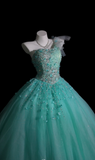 One-Shoulder Ball Gown Turquoise Long Prom Dresses Beaded Tulle Turquoise Quinceanera Dresses Sweet 16 Dress HZ1024