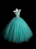 One-Shoulder Ball Gown Turquoise Long Prom Dresses Beaded Tulle Turquoise Quinceanera Dresses Sweet 16 Dress HZ1024