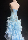 Sweetheart Bodycon Sky Blue Long Prom Dresses Beaded Tulle Sky Blue Quinceanera Dresses Sweet 16 Dress HZ1024