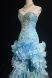 Sweetheart Bodycon Sky Blue Long Prom Dresses Beaded Tulle Sky Blue Quinceanera Dresses Sweet 16 Dress HZ1024