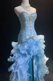 Sweetheart Bodycon Sky Blue Long Prom Dresses Beaded Tulle Sky Blue Quinceanera Dresses Sweet 16 Dress HZ1024