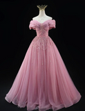 Off-the-shoulder A-Line Pink Long Prom Dresses Beaded Tulle Pink Quinceanera Dresses Sweet 16 Dress HZ1024