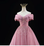 Off-the-shoulder A-Line Pink Long Prom Dresses Beaded Tulle Pink Quinceanera Dresses Sweet 16 Dress HZ1024