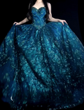 Spaghetti Strap Ball Gown Blue Long Prom Dresses Tulle Applique Blue Quincea?a DResses Sweet 16 Dress HZ1024