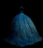 Spaghetti Strap Ball Gown Blue Long Prom Dresses Tulle Applique Blue Quincea?a DResses Sweet 16 Dress HZ1024
