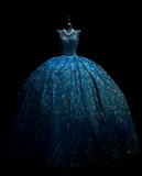 Spaghetti Strap Ball Gown Blue Long Prom Dresses Tulle Applique Blue Quincea?a DResses Sweet 16 Dress HZ1024