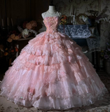 Strapless Ball Gown Pink Long Prom Dresses Tulle Applique Pink Quincea?a Dresses Sweet 16 Dress HZ1024