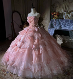 Strapless Ball Gown Pink Long Prom Dresses Tulle Applique Pink Quincea?a Dresses Sweet 16 Dress HZ1024