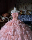 Strapless Ball Gown Pink Long Prom Dresses Tulle Applique Pink Quincea?a Dresses Sweet 16 Dress HZ1024