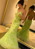 V-neck Sheath Long Prom Dresses Beaded Printed Chiffon Green Formal Dresses Open Back Wedding Guest Dresses HZ1024