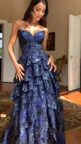 Sweetheart Neck A-Line Navy Blue Long Prom Dresses Tulle Applique Navy Blue Evening Dresses HZ1024