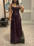 Spaghetti Strap Sheath Grape Long Prom Dresses Jacquard Satin Grape Evening Dresses HZ1024