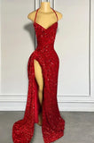 Halter Sheath Red Long Prom Dresses Sequin Red New Year's Eve Dresses HZ1024
