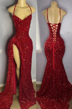 Halter Sheath Red Long Prom Dresses Sequin Red New Year's Eve Dresses HZ1024