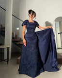 Square Neck Sheath Navy Blue New Year Evening Dresses Satin Applique Navy Blue Wedding Guest Dresses HZ1024