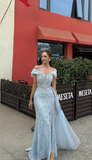Off-the-shoulder Sheath Sky Blue Evening Dresses Tulle Beaded Sky Blue Wedding Guest Dresses HZ1024