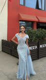 Off-the-shoulder Sheath Sky Blue Evening Dresses Tulle Beaded Sky Blue Wedding Guest Dresses HZ1024
