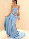 Spaghetti Strap Sheath Blue Long Prom Dresses Chiffon Sky Blue Evening Dresses HZ1024