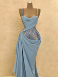 Spaghetti Strap Sheath Blue Long Prom Dresses Chiffon Sky Blue Evening Dresses HZ1024
