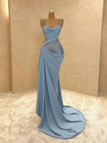 Spaghetti Strap Sheath Blue Long Prom Dresses Chiffon Sky Blue Evening Dresses HZ1024