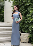 Square Neck Sheath Grey Blue Long Bridesmaid Dresses Satin Grey Blue Wedding Guest Dresses HZ1024