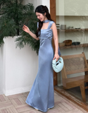Square Neck Sheath Grey Blue Long Bridesmaid Dresses Satin Grey Blue Wedding Guest Dresses HZ1024